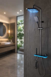 Душ/змішувач Faucet (CRH-8921 багатофункціональний з LED ГІДРОЕНЕРГЕТИКОЮ метал / Душова система з верхнім та ручним душем / Душова система для ванни M17766 фото