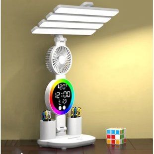 Акумуляторна LED лампа / Настільна лампа з 4 плафонами, RGB-підсвічуванням, годинником та вентилятором M17670 фото