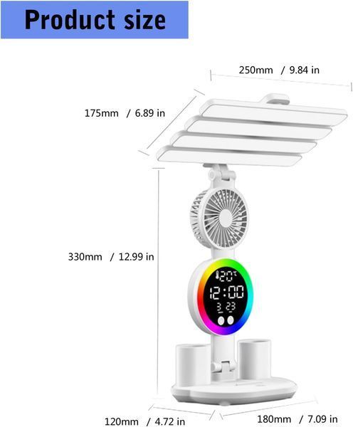 Акумуляторна LED лампа / Настільна лампа з 4 плафонами, RGB-підсвічуванням, годинником та вентилятором M17670 фото