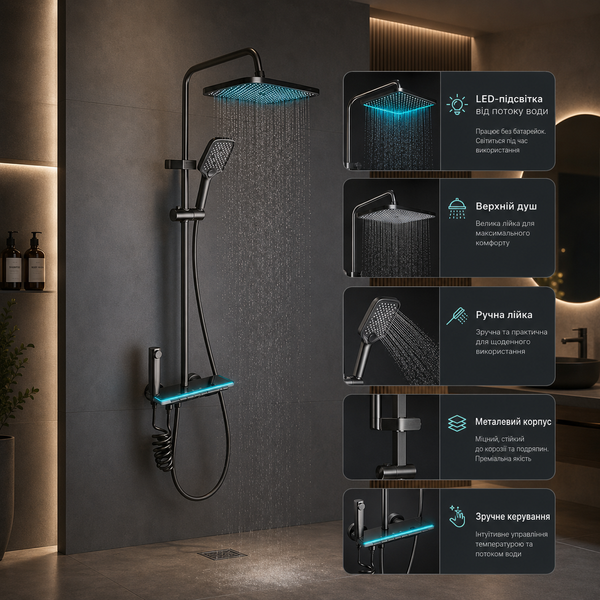 Душ/змішувач Faucet (CRH-8921 багатофункціональний з LED ГІДРОЕНЕРГЕТИКОЮ метал / Душова система з верхнім та ручним душем / Душова система для ванни M17766 фото