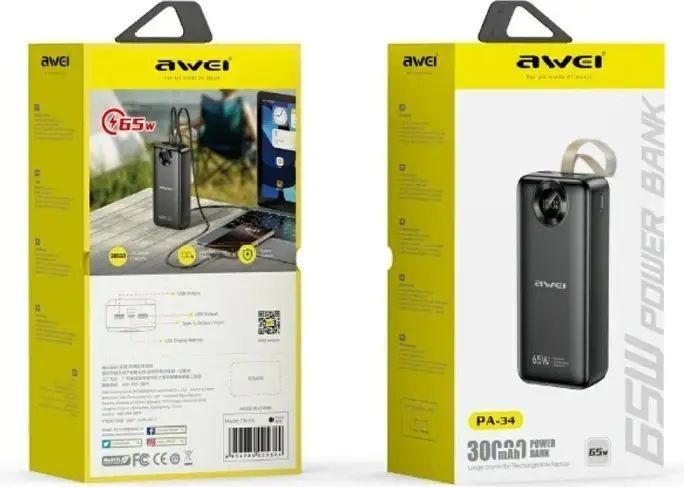 Портативний POWER BANK AWEI PA 34 30000mAh / Повербанк 30000 мАг швидка зарядка sp1401 фото