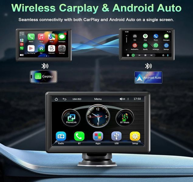 Бездротовий автомобільний екран CarPlay / Портативний автомобільний відеоплеєр, сумісний з Apple CarPlay та Android Auto, 7-дюймовий сенсорний IPS-екран для автомобільної стереосистеми з GPS-навігаціє G6697 фото