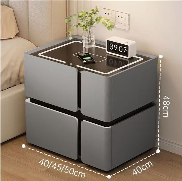 Приліжкова тумба з екошкіри з LED підсвічуванням, USB, датчик руху, бездротова зарядка, Bluetooth-аудіо Сіра M17585 фото