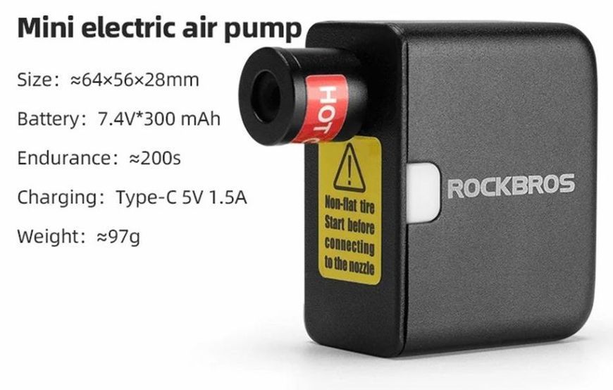 Портативний електричний насос ROCKBROS AS1 Mini з високим тиском, з наконечником для вентиля FV/AV, для дорожніх та гірських велосипедів SO-74 фото