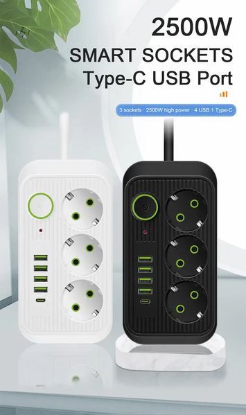 Мережевий фільтр живлення UA Power Socket F09U 3 розетки +4USB +Type-C Port 2m, мережевий подовжувач розеток Jam3065 фото