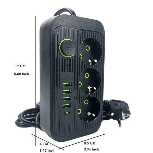 Мережевий фільтр живлення UA Power Socket F09U 3 розетки +4USB +Type-C Port 2m, мережевий подовжувач розеток Jam3065 фото