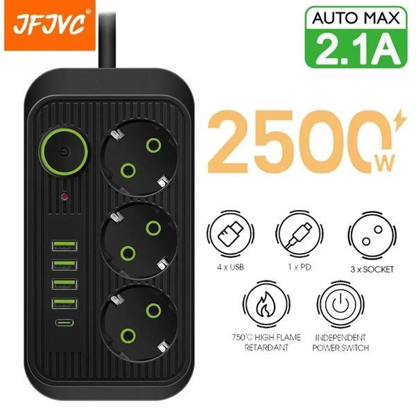 Мережевий фільтр живлення UA Power Socket F09U 3 розетки +4USB +Type-C Port 2m, мережевий подовжувач розеток Jam3065 фото