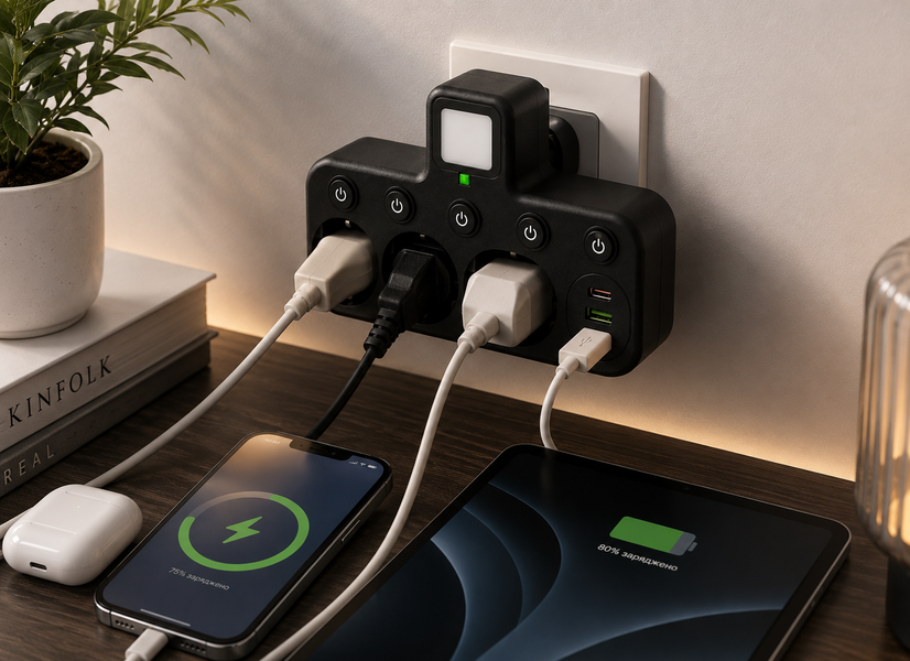 Сетевой фильтр с подсветкой 3 розетки, 2500Вт (2хUSB+Type-C) / Сетевой тройник / Адаптер в розетку 2054384 фото