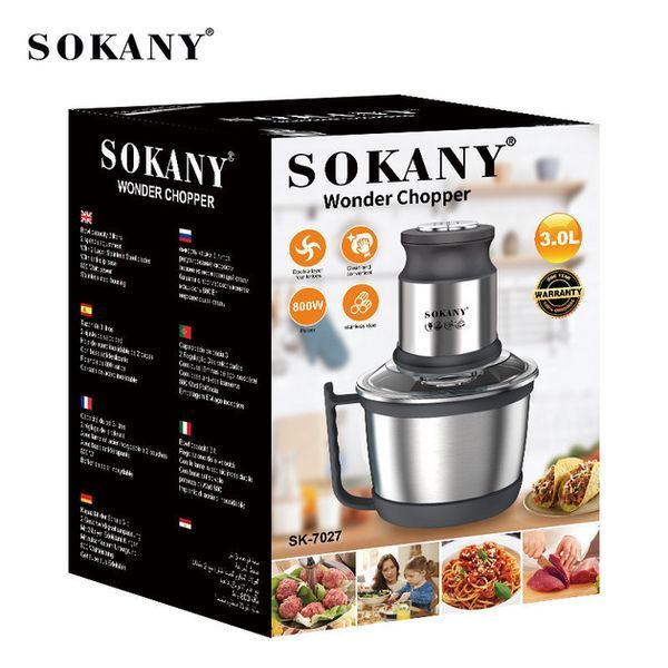 Овочерізка блендер чоппер Sokany SK-7027 Подрібнювач із чашею 3 л 800 Вт м'ясорубка чоппер 2 режими швидкості 4 леза flSK-7027 фото
