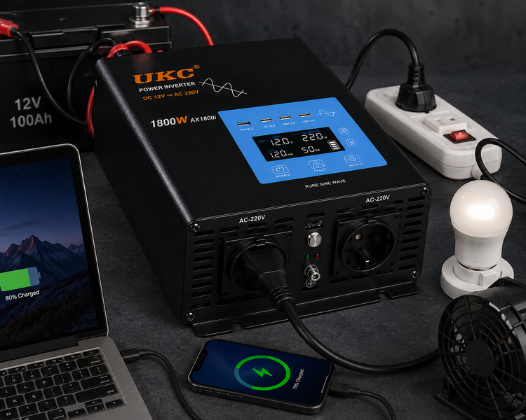 Перетворювач AC/DC 1800W AX Sine з чистим синусом / Інвертор з дисплеєм та виходами: 3 x USB, 1 x Type-C / Перетворювач напруги sp10482 фото