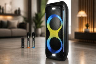 Портативна акустика ZXX-5580 / Колонка з Bluetooth для караоке з мікрофонами / Акумуляторна колонка з RGB-підсвічуванням FM та TWS sp9192 фото