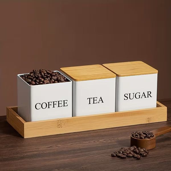 Набір банок для зберігання &laquo;Sugar/Coffee/Tea&raquo; з бамбуковими кришками та підставкою PR-2-8 фото