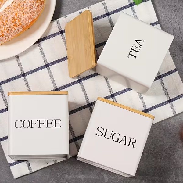 Набір банок для зберігання &laquo;Sugar/Coffee/Tea&raquo; з бамбуковими кришками та підставкою PR-2-8 фото