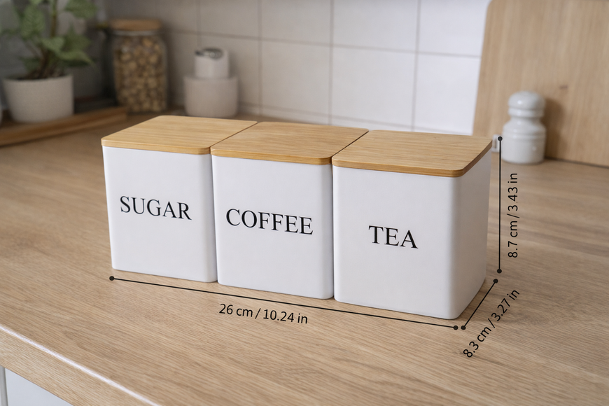 Набір банок для зберігання &laquo;Sugar/Coffee/Tea&raquo; з бамбуковими кришками та підставкою PR-2-8 фото