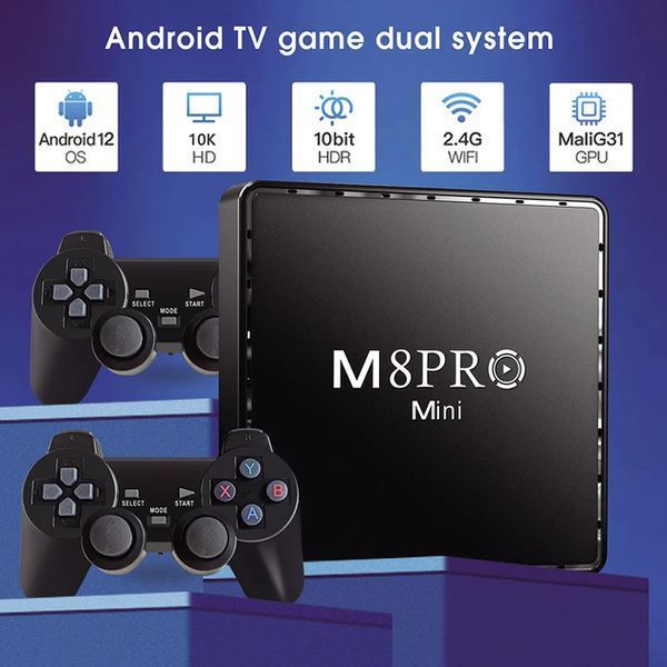 Ігрова андроїд ТВ приставка з Android TV + 2 джойстики M8PRO Mini ретро консоль PS1, Dendy, Sega M8Рro фото