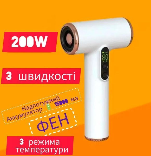 Бездротовий фен для волосся з акумуляторною батареєю 200W з трьома режимами роботи, з холодним/теплим повітрям M16995 фото
