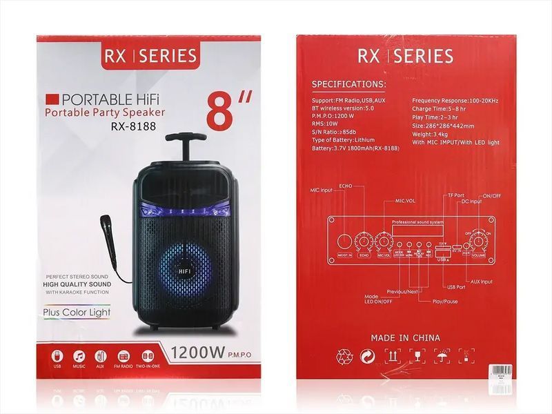 Музична колонка-радіо колонка з підсвідченням BLUETOOTH RX-8188 1200 ВТ із мікрофоном G8188 фото