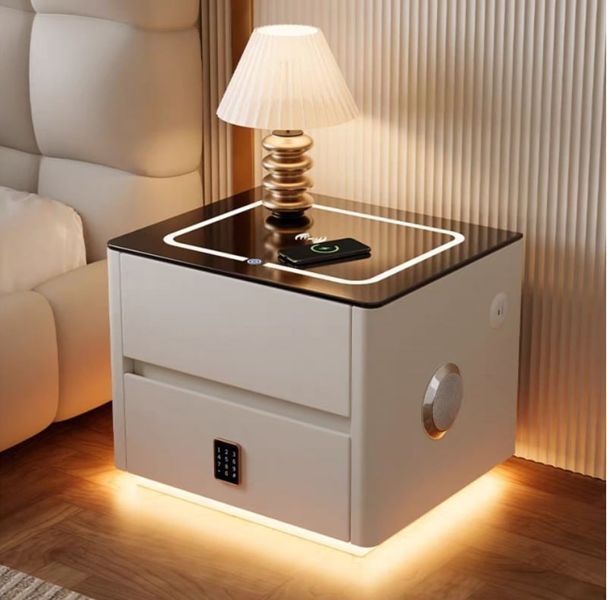 Тумба QYJXF02 з екошкіри з LED підсвічуванням, USB, датчик руху, бездротова зарядка, Bluetooth-аудіо Біла M17586 фото