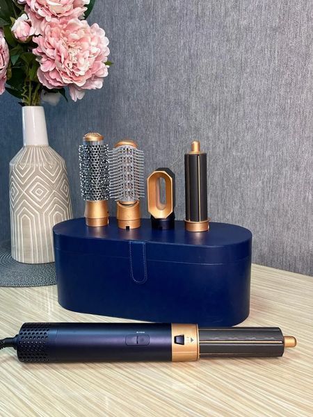 Стайлер 5в1 HAIR BRUSH Styler + Коробка з функціями об'єму, випрямлення, накручування темно-синій G9867 фото