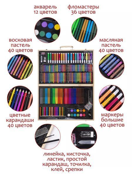 Дитячий набір для малювання та творчості 220 предметів у дерев'яній валізі 20500000025 фото