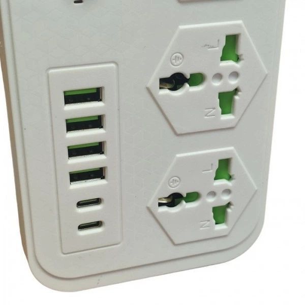 Мережевий фільтр подовжувач 2 метри на 3 розетки4 USB 3.4A, 2 Type-C з вимикачем та заземленням 3000Вт 16А Power Socket J07 білий 2054877 фото