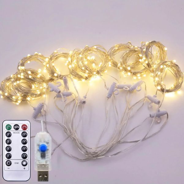 Світлодіодна гірлянда штора роса на дроті 3х2 м 200 LED пульт + USB теплий білий G5797 фото