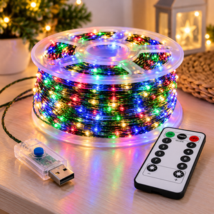 Гирлянда Роса 100 м 1000 LED разноцветная MULTI / Гирлянда с USB и пультом ДУ, зеленая проволока / LED-декор KAR-LU1002 фото