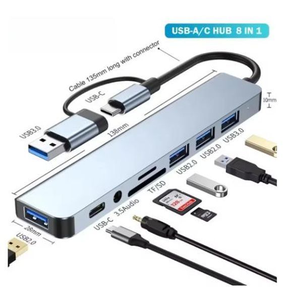 Мультифункциональный USB-хаб 8 в 1, универсальный адаптер, концентратор с входом Type-C, кардридер, HDTV+PD+USB 3.0+SD+TF+Type-C Jam47481 фото