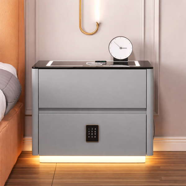 Тумба QYJXF02 з екошкіри з LED підсвічуванням, USB, датчик руху, бездротова зарядка, Bluetooth-аудіо Сіра M17587 фото