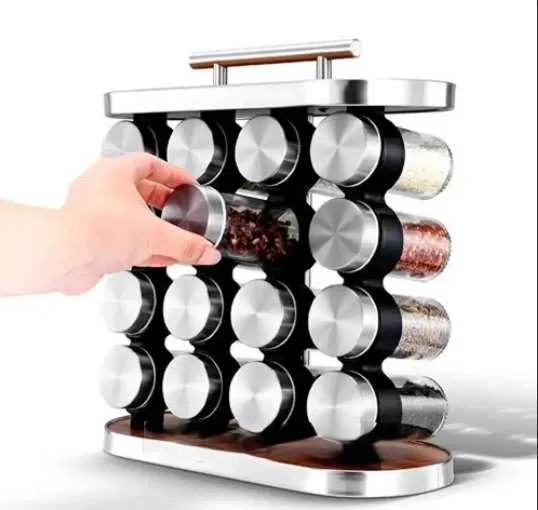 Карусель для спецій набір для спецій 16 ємностей Stainless steel and wood / органайзер для зберігання спецій G7497 фото