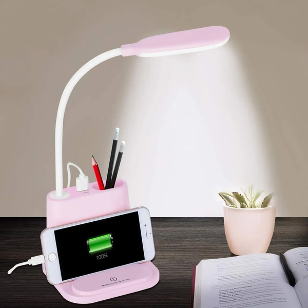 Рожева Акумуляторна настільна LED лампа Bionic Desk Lamp c USB виходом, органайзером та підставкою для смартфона 2050018/1 фото