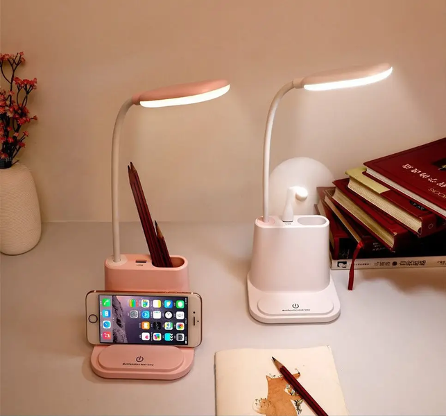 Рожева Акумуляторна настільна LED лампа Bionic Desk Lamp c USB виходом, органайзером та підставкою для смартфона 2050018/1 фото