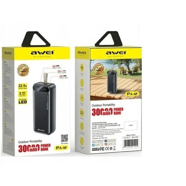 Зовнішній акумулятор Power bank Awei PA12 30000mAh PD22,5W швидка зарядка sp8413 фото