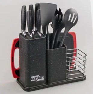Набір кухонних ножів та приладдя ZP-045 на підставці з дошкою (14 предметів) чорний Z4441 фото