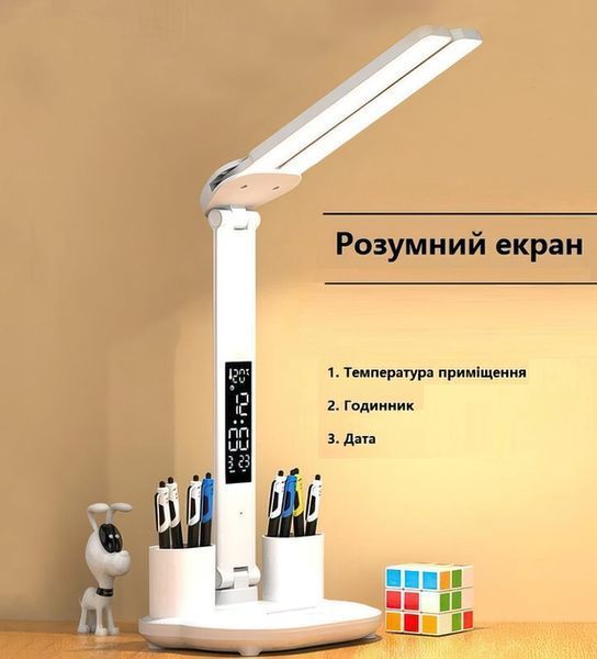 Светодиодная LED настольная лампа с двумя плафонами с термометром, временами, календарем, подставка для ручек на аккумуляторе M17016 фото