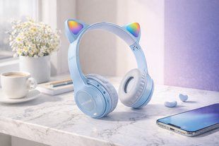 Беспроводные наушники с кошачьими ушками и лед подсветкой Cat Ear Y47 Led, Bluetooth наушники с микрофоном Голубой Y47/2 фото