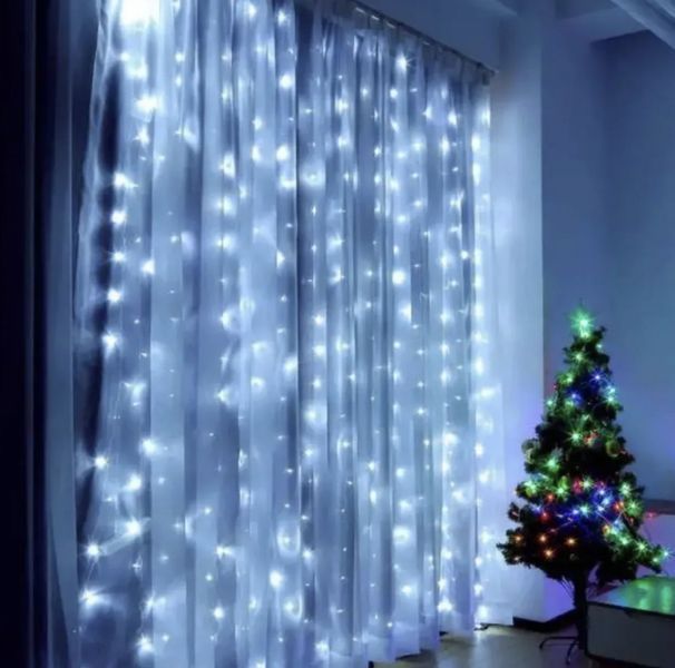 Світлодіодна гірлянда штора роса на дроті 3х2 м 200 LED пульт + USB холодний білий G5798 фото