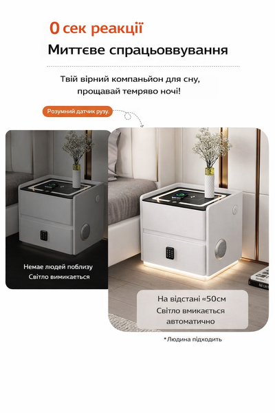 Тумба YJXF01 з екошкіри з LED підсвічуванням, USB, датчик руху, бездротова зарядка, Bluetooth-аудіо Біла 50х40х47см M17590 фото