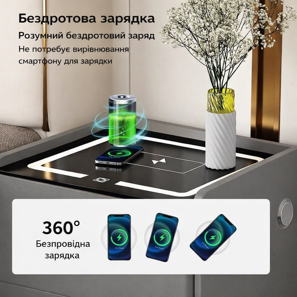 Тумба YJXF01 з екошкіри з LED підсвічуванням, USB, датчик руху, бездротова зарядка, Bluetooth-аудіо Біла 50х40х47см M17590 фото