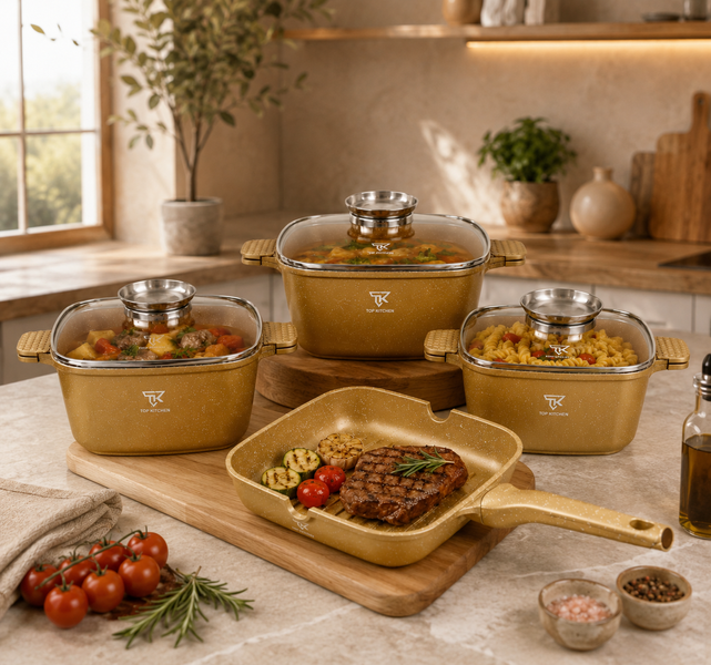 Золотой Набор посуды с гранитным покрытием Top Kitchen TK000103 3 кастрюли + сковорода-гриль TК103/1 фото