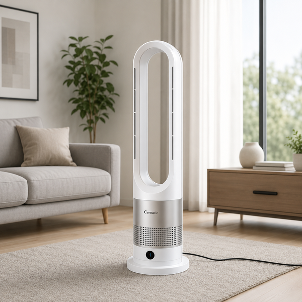 Мобильный безлопастной вентилятор Germatic 2в1 автоповорот 80&deg; / Кондиционер напольный зима-лето AM-030JR 1200W+ пульт ДУ M17381 фото