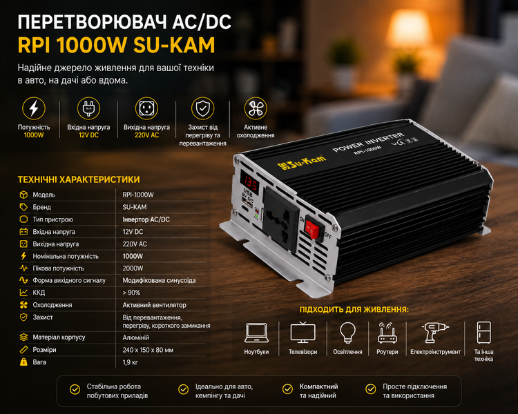 Перетворювач AC/DC RPI 1000W SU-KAM / Інвертор з вольтметром / Перетворювач напруги 12-220 В sp10485 фото