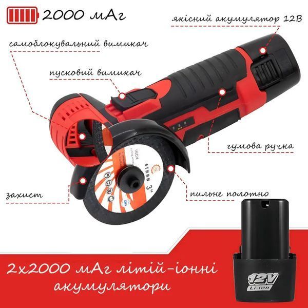 Аккумуляторная мини болгарка в кейсе 2АКБ +5 дисков RED G5528 фото