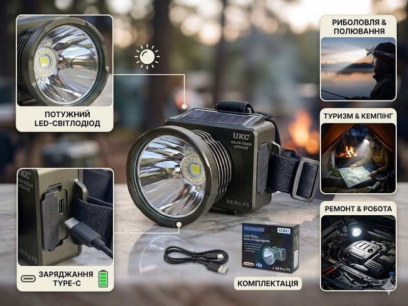Налобний ліхтарик K 8 pro / Налобний ліхтар UKC K8 Pro FS / LED акумуляторний ліхтар sp10521 фото
