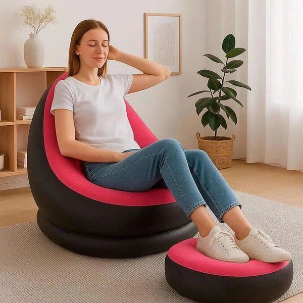 Надувний диван з пуфом Air Sofa / Надувне велюрове крісло з пуфом+насос Рожевий 255874321/3 фото
