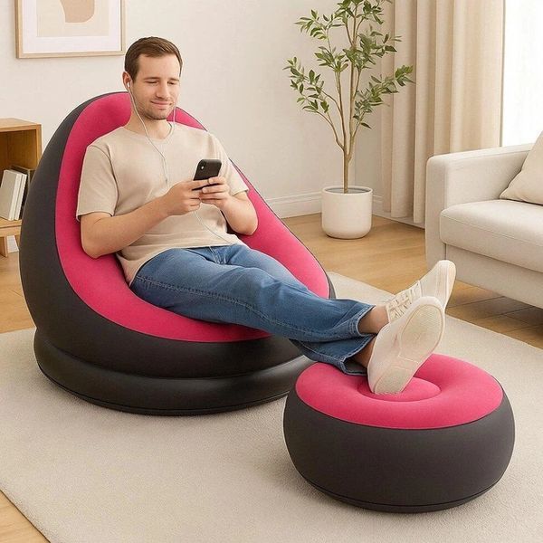Надувний диван з пуфом Air Sofa / Надувне велюрове крісло з пуфом+насос Рожевий 255874321/3 фото