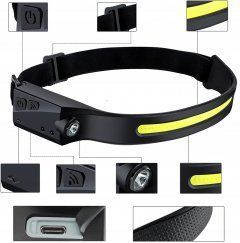 Легкий налобний ліхтар LED+COB з датчиком руху та червоним світлом (чорний) 54012361 фото