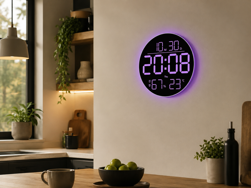 Годинник настінний 6695R / Настінний годинник круглі RGB з пультом / Календар, температура, вологість M17857 фото