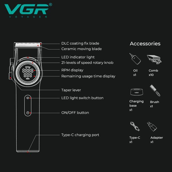 Акумуляторна машинка для стрижки VGR V-001, 10 насадок, 9000 RPM, АКБ 4600 mAh, LED дисплей 239V-001 фото