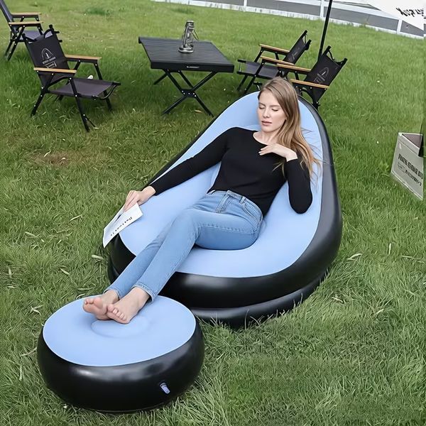 Надувний диван з пуфом Air Sofa / Надувне велюрове крісло з пуфом+насос Блакитний 255874321/2 фото